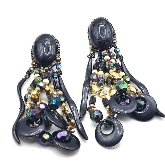 Vintage Chipita Earrings Black Oval Beaded Dangles Joan Eagle Unsigned 4.25in - Picture 1 of 3